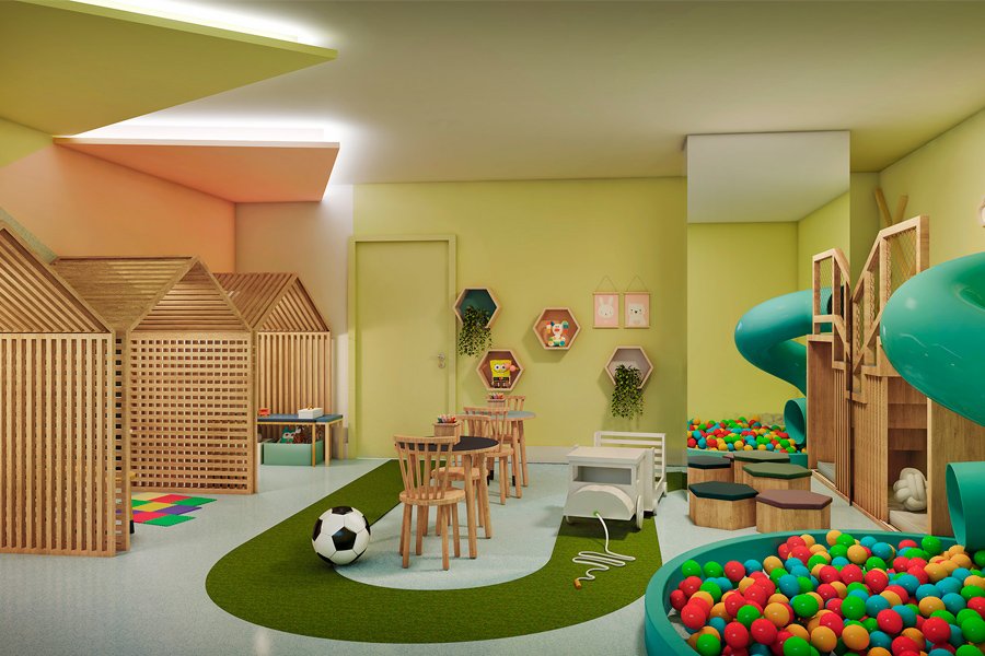 Playground infantil com piso emborrachado, integrado  brinquedoteca
